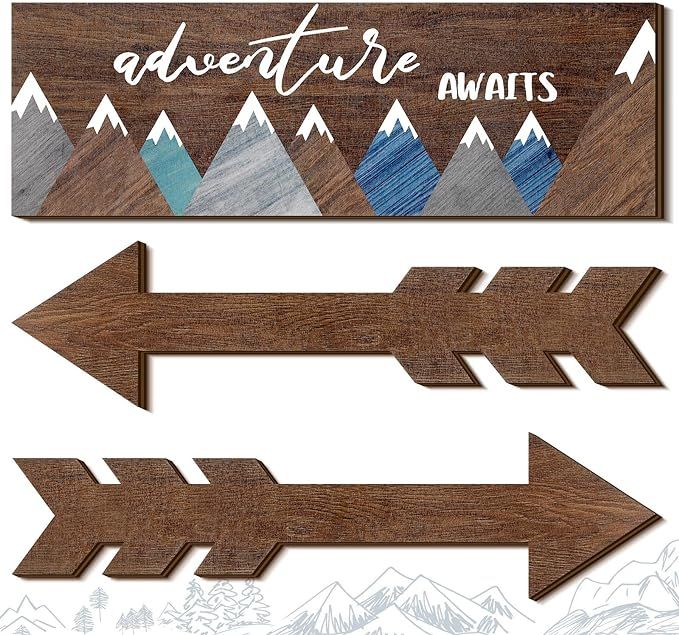 Yookeer 3 Pieces Adventure Awaits Wood Rustic Sign Wood Arrows Wall Decor Inspirational Wooden De... | Amazon (US)