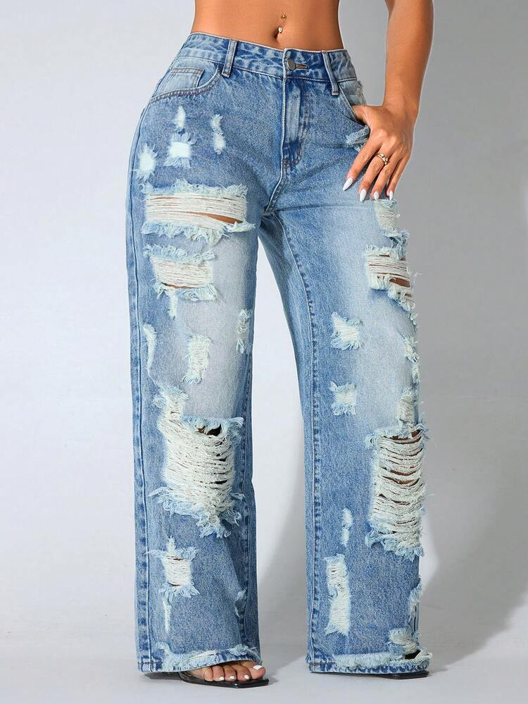 Low Waist Wide Leg Casual Blue Ripped Slanted Pocket Curved Women'S Jeans | SHEIN