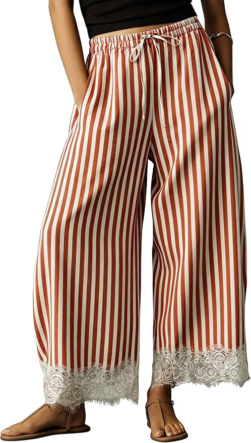 MINSURE Women's Striped Wide Leg Pants Drawstring Waist Lace Hem Cropped Trousers Casual Flowy Su... | Amazon (US)