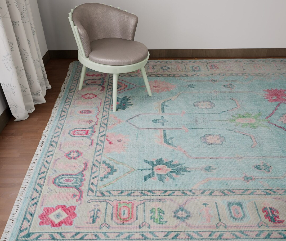 Soft Blue Area Rug, Oushak Rug in Flamingo Pink & Ocean Green Accent, Modern Turkish Rug, Colorfu... | Etsy (US)