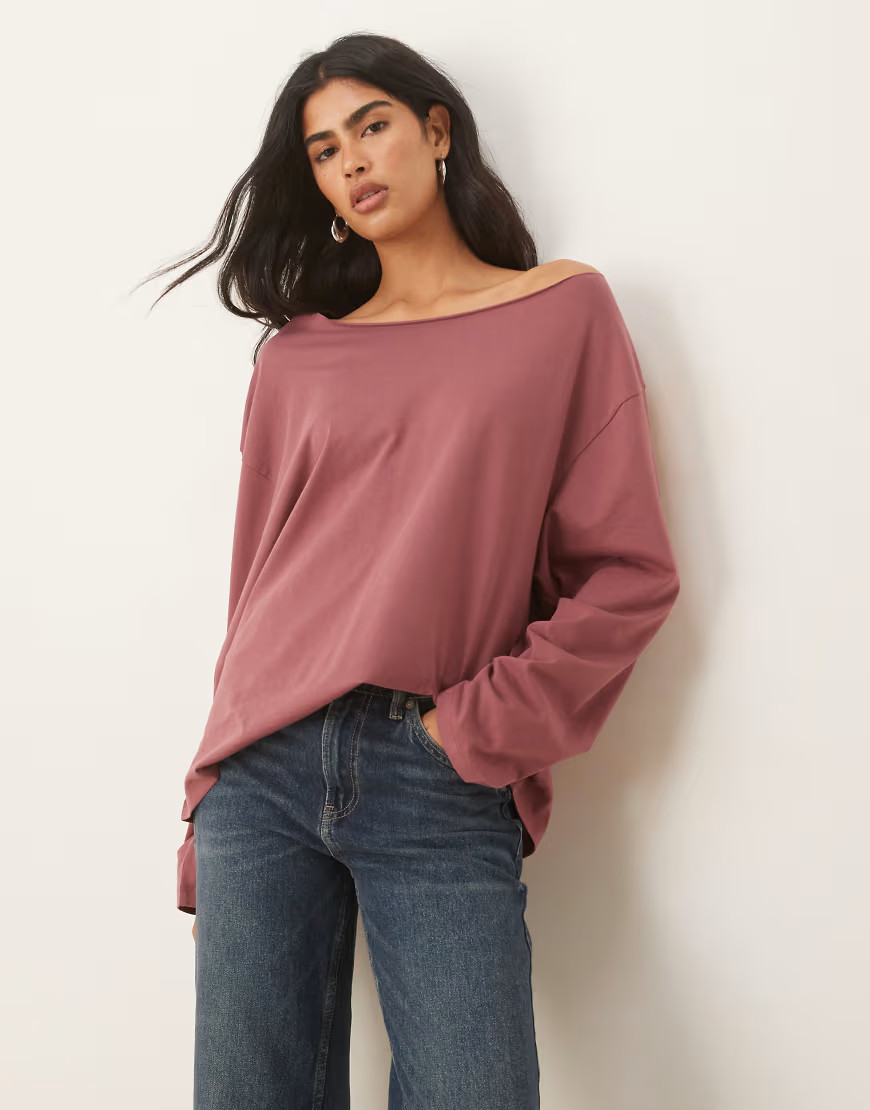 ASOS DESIGN off the shoulder long sleeve tee in dark rose-Brown | ASOS (Global)