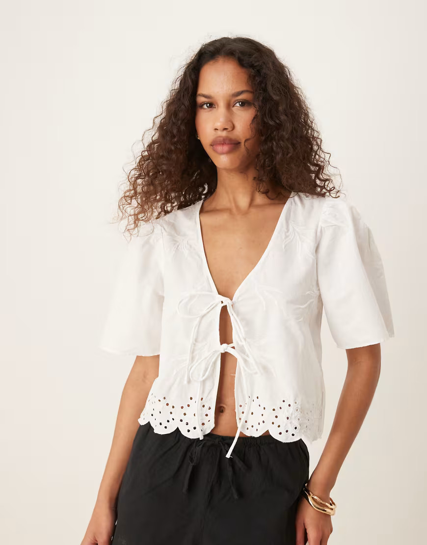 JDY tie front eyelet cropped blouse in white | ASOS (Global)