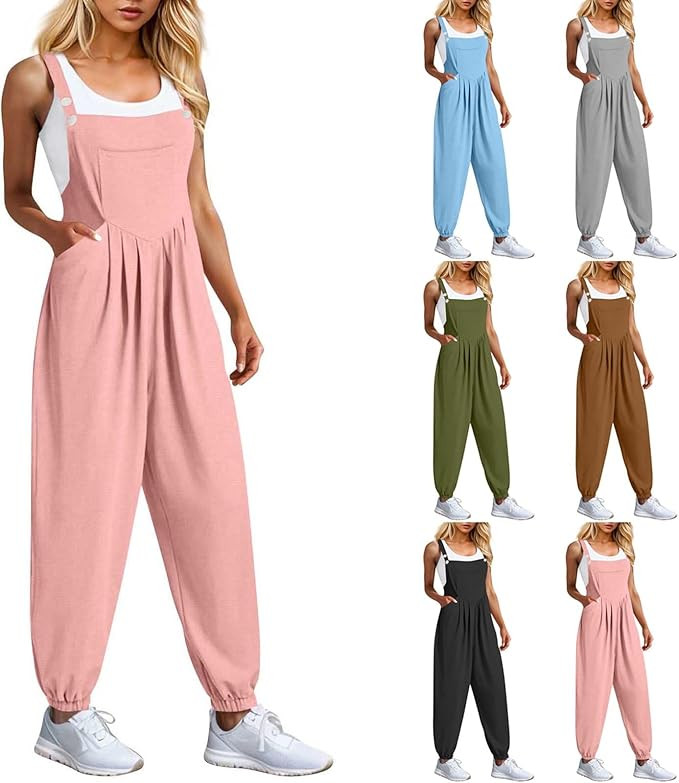 Womens Waffle Jumpsuits 2024 Summer Spring Casual Rompers Sleeveless Adjustable Strap Solid Overa... | Amazon (US)