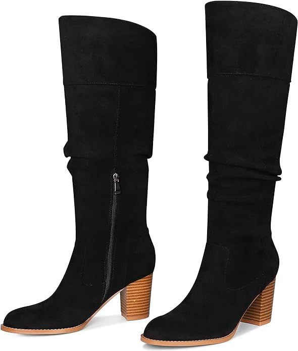MeiLuSi Women's Slouchy Knee High Boots Suede Fall Boots Round Toe Chunky Heel Boots Warm Winter ... | Amazon (US)