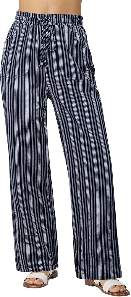 GRAPENT Linen Pants Women Wide Leg Striped High Waisted Pull On Elastic Waist Casual Summer Beach... | Amazon (US)