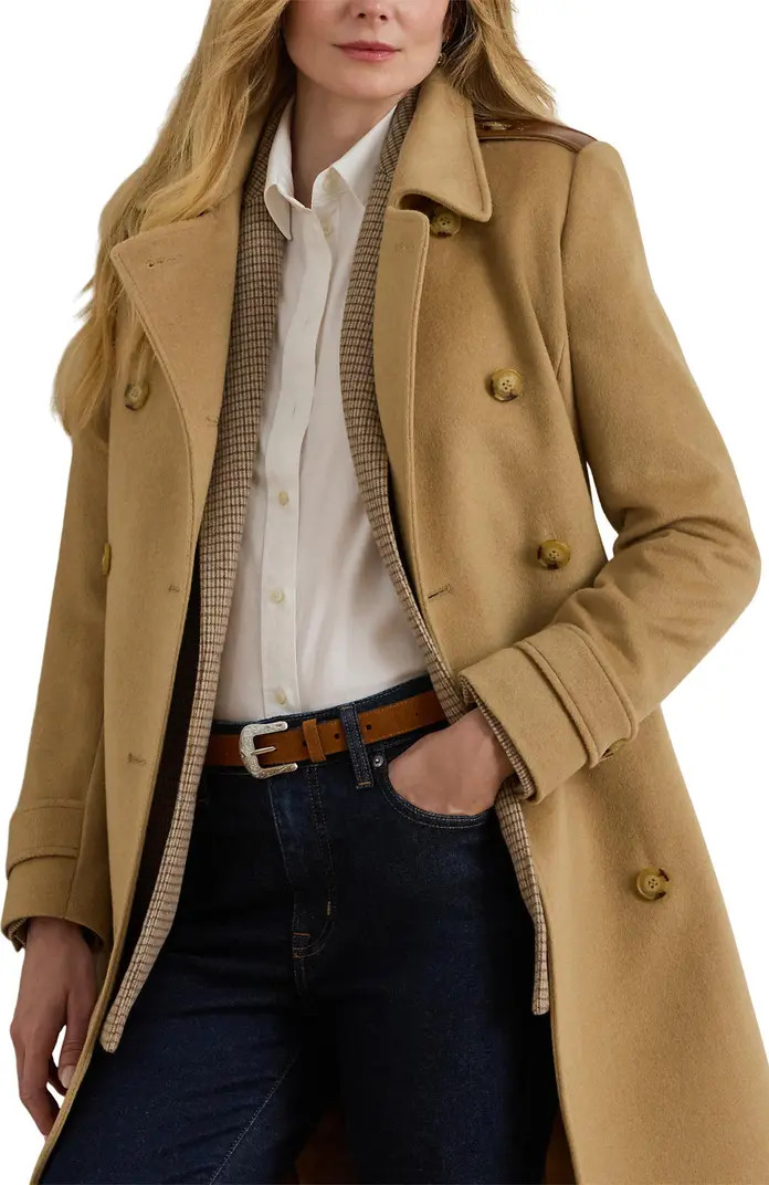 Faux Leather Detail Wool Blend Coat | Nordstrom