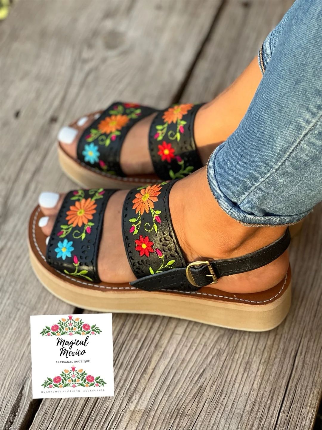 PREORDER Black Huarache embroidered/ Mexican sandals women/ boho hippie sandals/ leather sandals ... | Etsy (US)
