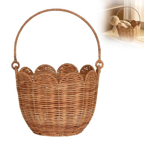 Scalloped Basket, Scalloped Edge Round Basket with Handle,Wicker Baskets for Storage,Hand Woven shelf Baskets for Bathroom | Amazon (US)