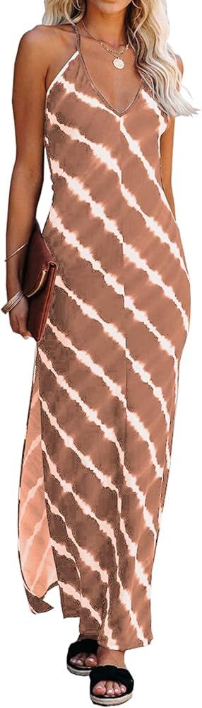 2021 Summer Women’s Spaghetti Strap Maxi Dress Sleeveless V Neck Tie Dye Side Split Long Beach ... | Amazon (US)