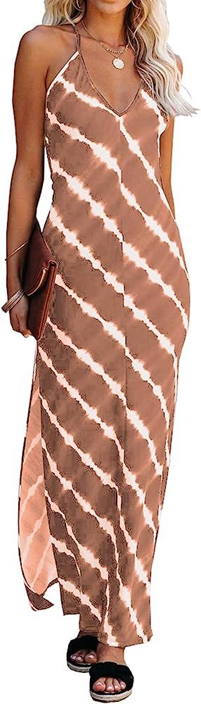 KIRUNDO 2021 Summer Women’s Spaghetti Strap Maxi Dress Sleeveless V Neck Tie Dye Side Split Lon... | Amazon (US)