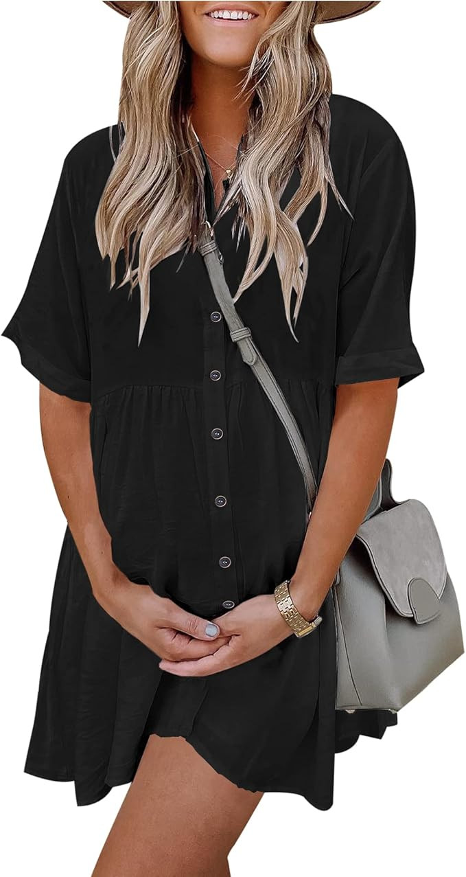 PYGFEMR Women's Short Sleeve Babydoll Dress Button Down Dresses with Pockets | Amazon (US)