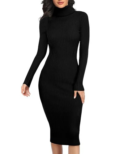 v28 Women Long Turtleneck Knit Stretchable Elasticity Long Sleeve Slim Fit Sweater Dress(M,Black) | Amazon (US)