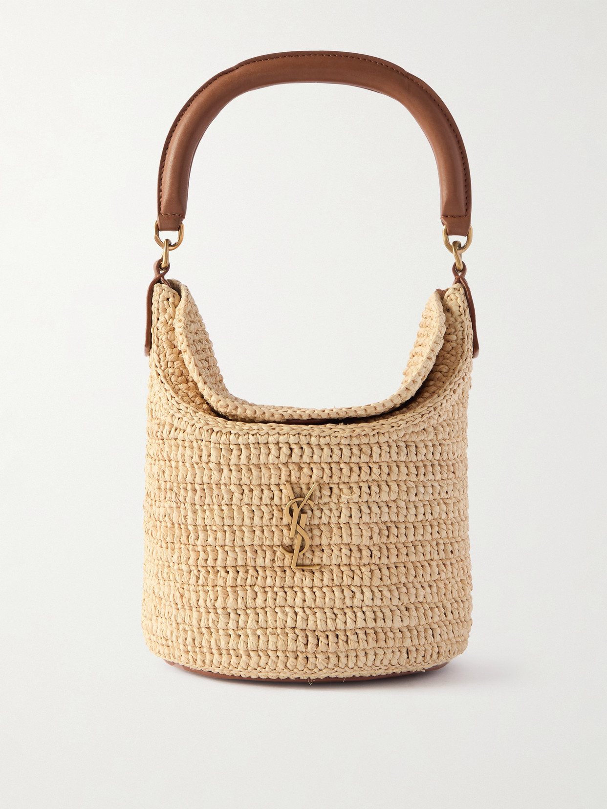 SAINT LAURENT - Gaby Leather-trimmed Raffia Bucket Bag - Neutrals | NET-A-PORTER (US)