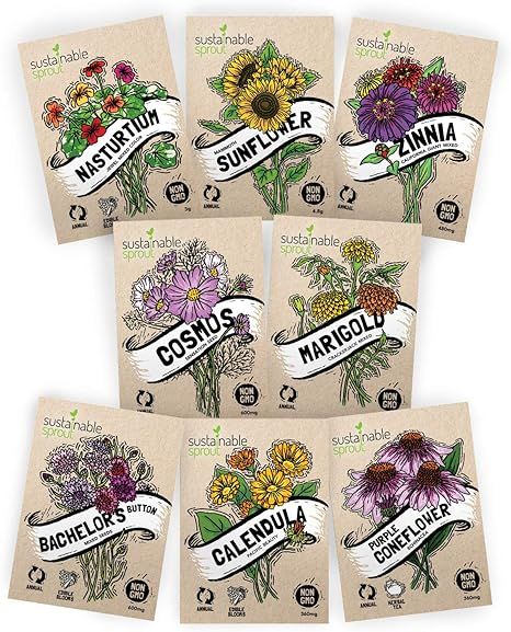 Flower Seeds Packets — Seeds for Planting Flowers Variety 8 Pack - Zinnia, Cosmos, Sunflower, B... | Amazon (US)