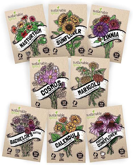 Flower Seeds Packets — Seeds for Planting Flowers Variety 8 Pack - Zinnia, Cosmos, Sunflower, B... | Amazon (US)