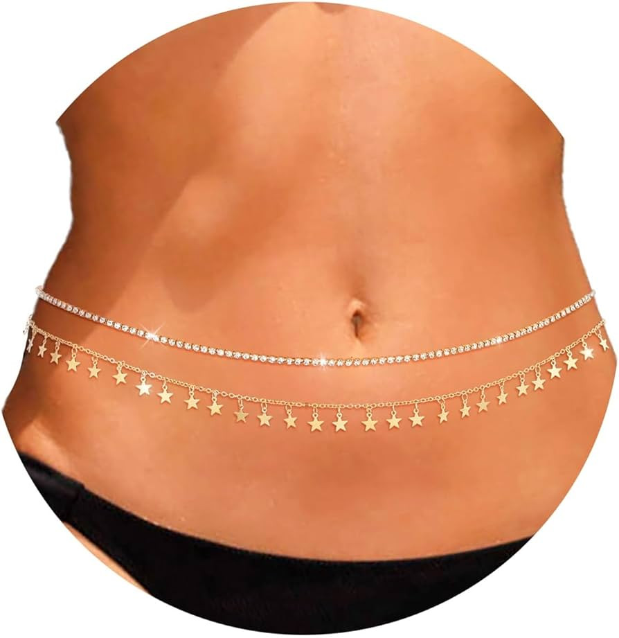 ELABEST Layered Rhinestone Belly Chain Crystal Waist Chain Shiny Star Sequin Pendant Body Chain W... | Amazon (US)