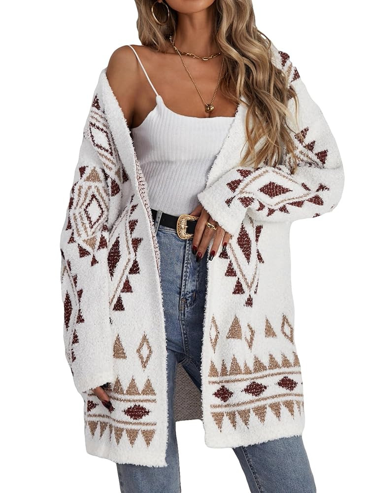 WDIRARA Women's Fuzzy Knit Cardigan Geo Pattern Long Sleeve Drop Shoulder Open Front Sweater | Amazon (US)