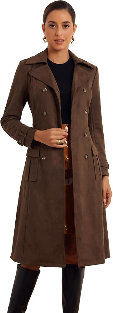 Allegra K Faux Suede Trench Coat for Women's Notched Lapel Double Breasted Belted Long Sleeve Coa... | Amazon (US)