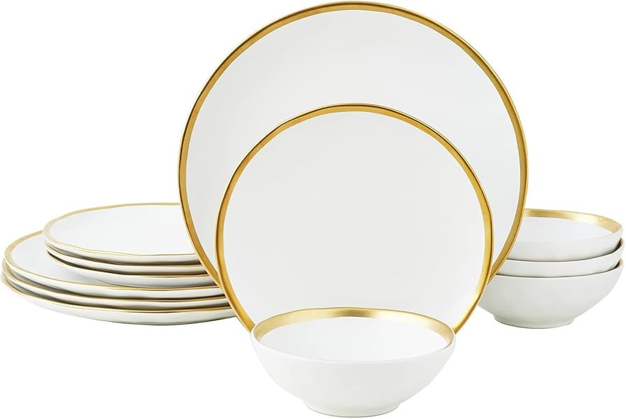 White Luxury Plates and Bowls Sets, 12 Piece Porcelain Dinnerware Sets Service for 4, Modern Dinn... | Amazon (US)
