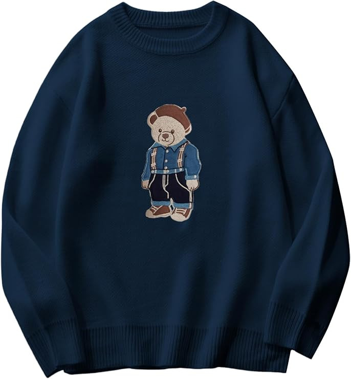 SHENHE Men's Oversized Crew Neck Cute Bear Sweater Vintage Unisex Preppy Graphic Sweater Jumper | Amazon (US)