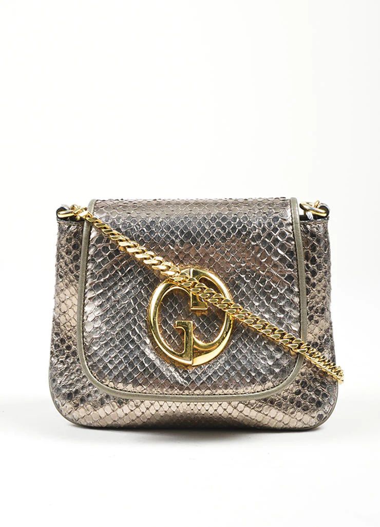 Gold Toned and Silver Metallic Python Leather Gucci "1973" Small Crossbody Bag | LGS