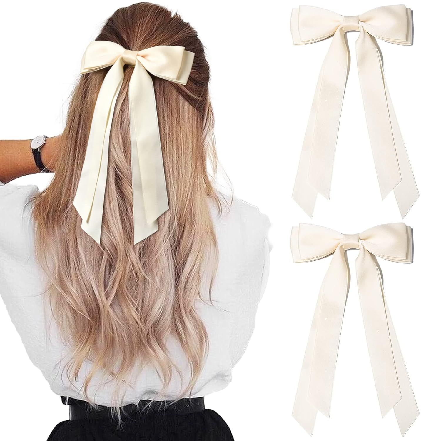 2PCS Silky Satin Hair Bows Hair Clip Beige Hair Ribbon Ponytail Holder Accessories Slides Metal C... | Amazon (US)