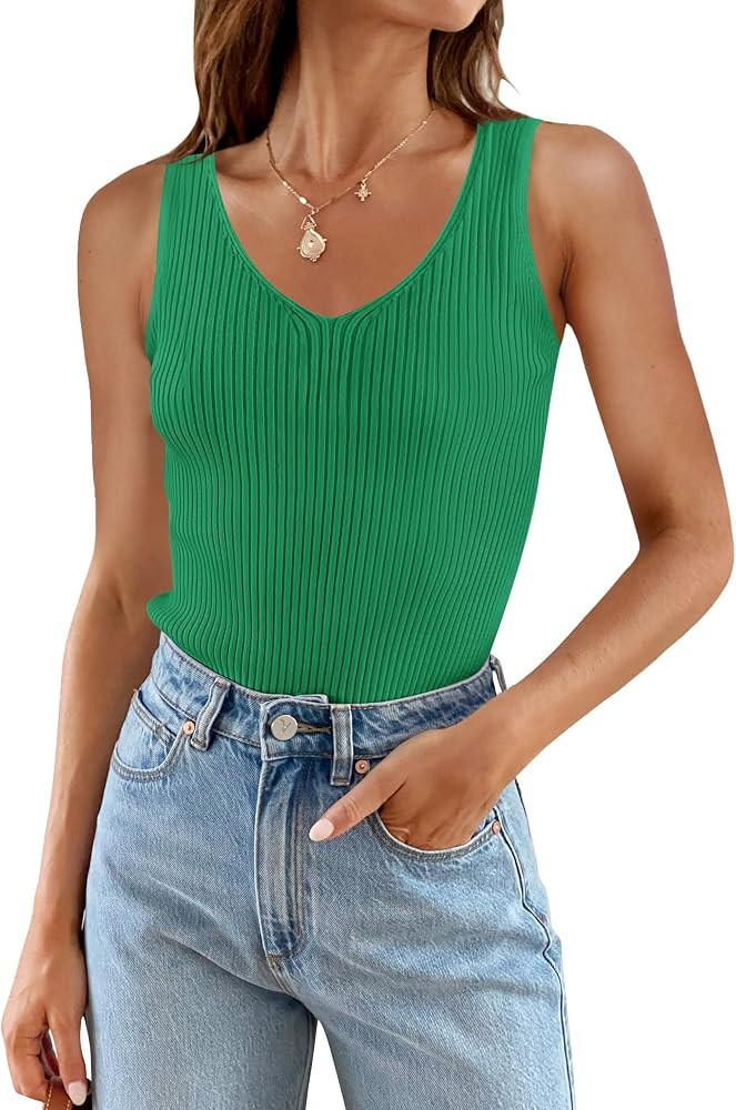 ZESICA Womens 2024 Ribbed Tank Tops Summer Sleeveless V Neck Shirts Casual Sexy Slim Fitted Basic... | Amazon (US)