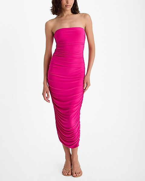 Strapless Ruched Midi Sheath Dress | Express