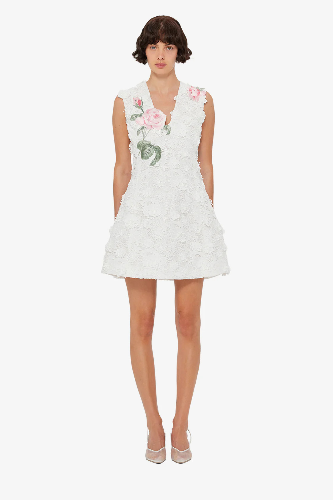 Briana V Neck Embroidered Lace Mini Dress - Snow | LEO LIN US