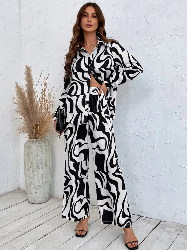 Allover Print Shirt & Wide Leg Trousers | SHEIN