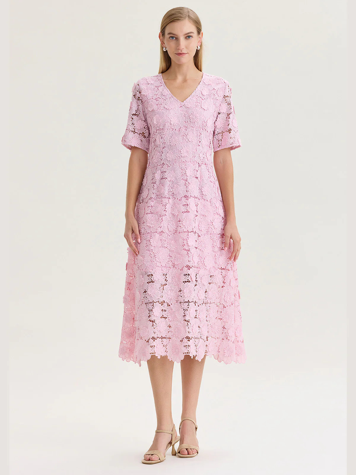 Lined Floral Lace Applique Woven Midi Dress | Misook