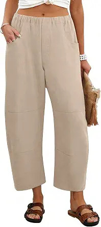Lviefent Womens Wide Leg Barrel Pants Casual Elastic Waist Linen Cropped Harem Pants Trouser with... | Amazon (US)