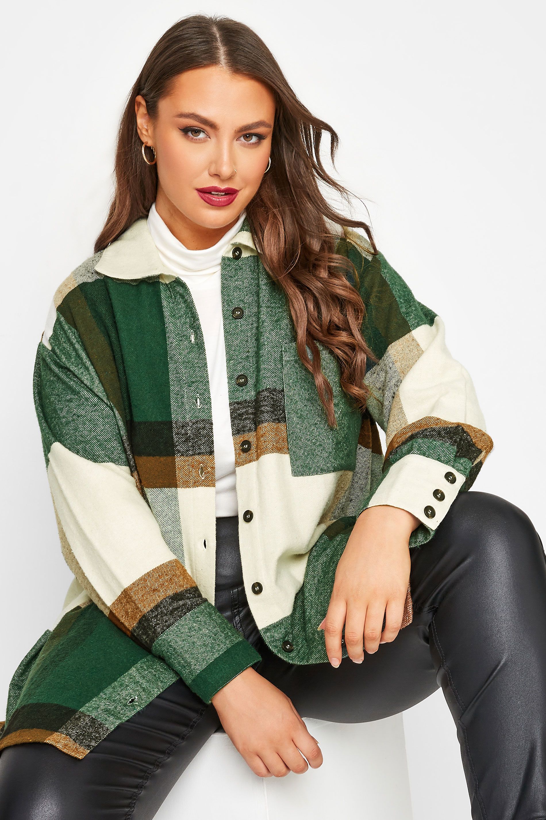 LIMITED COLLECTION Plus Size Green & White Check Print Shacket | Yours Clothing UK
