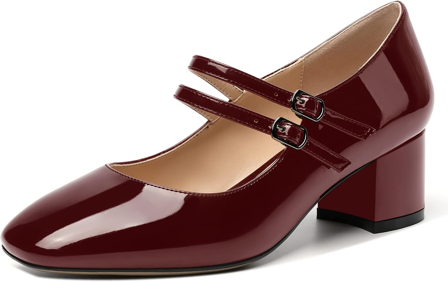 SHOWFOREST Women's Dating Buckle Cute Square Toe Solid Patent Block Low Heel Pumps Shoes 2 Inch | Amazon (US)