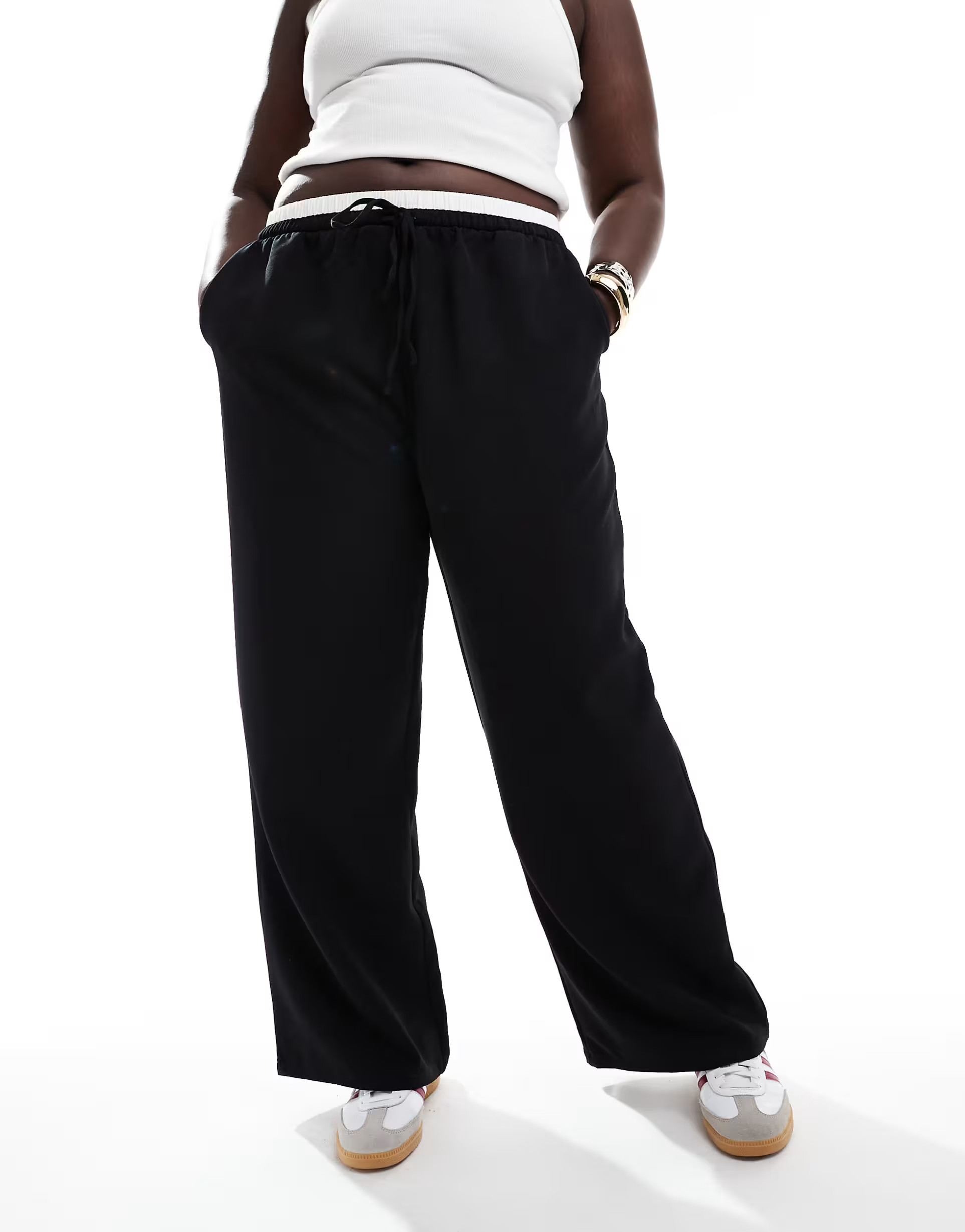 ASOS DESIGN Curve tailored wide leg trousers with contrast waistband in black | ASOS (Global)