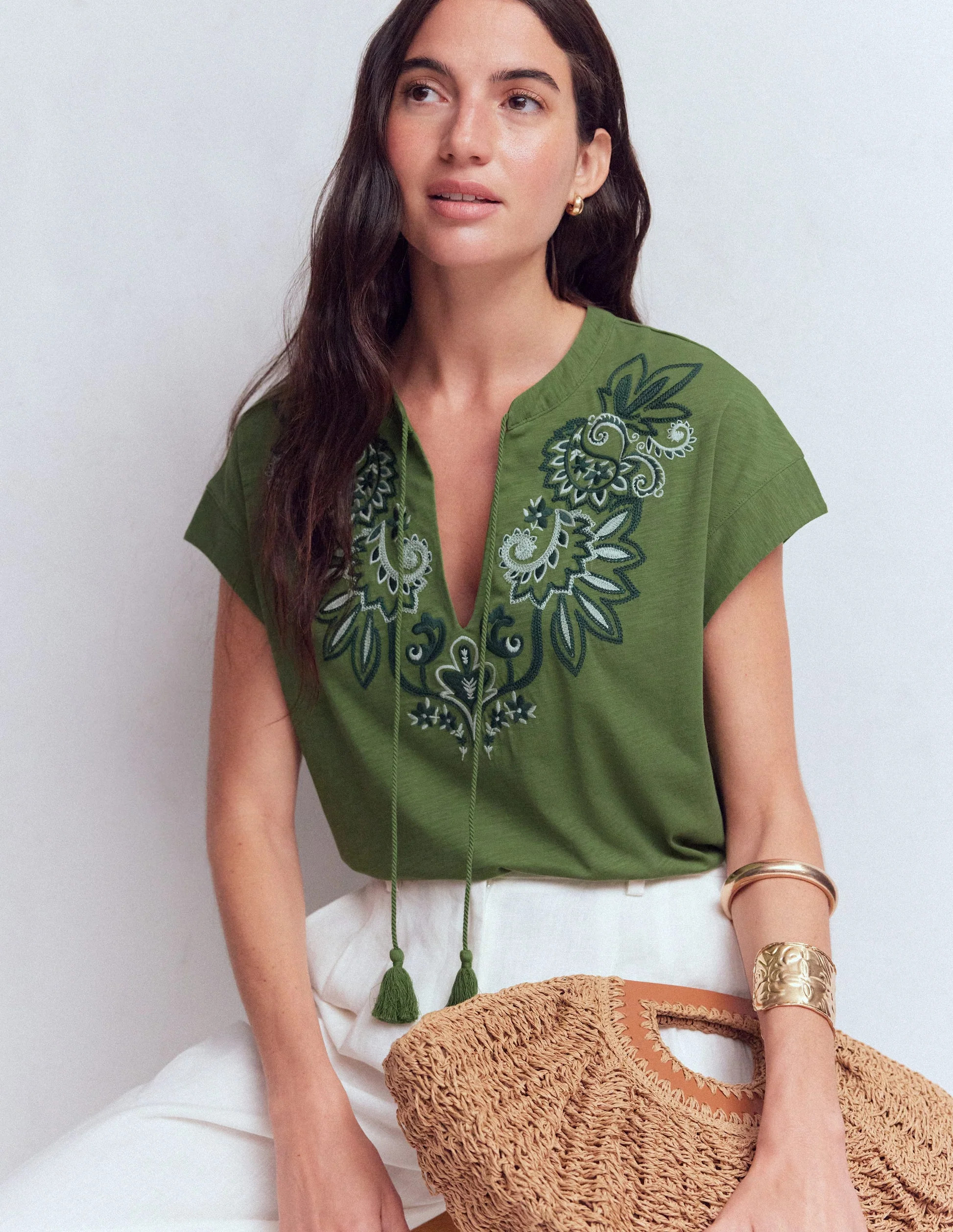 Nina Embroidered Notch T-shirt-Safari Green | Boden (US)