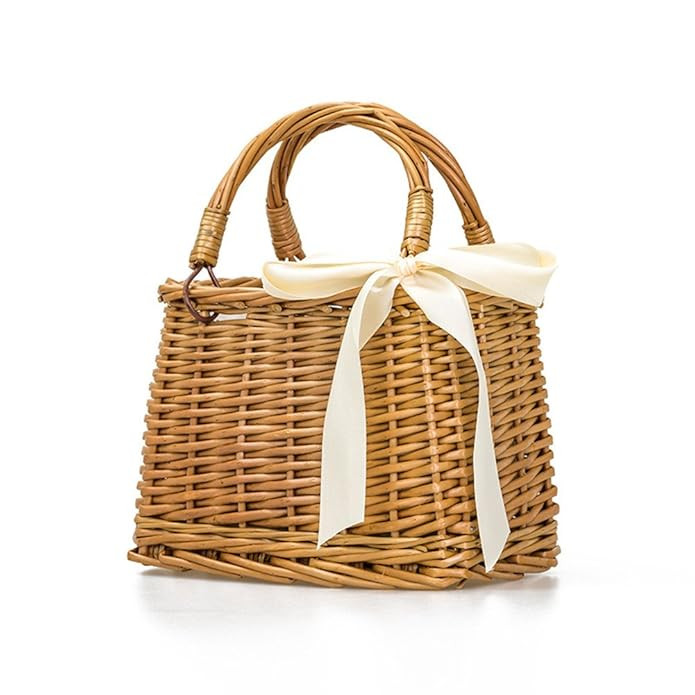 QTMY Bow Rattan Woven Bag Straw Bags Top Handle Handbags Bohemia Style Beach Bag, Brown | Amazon (US)