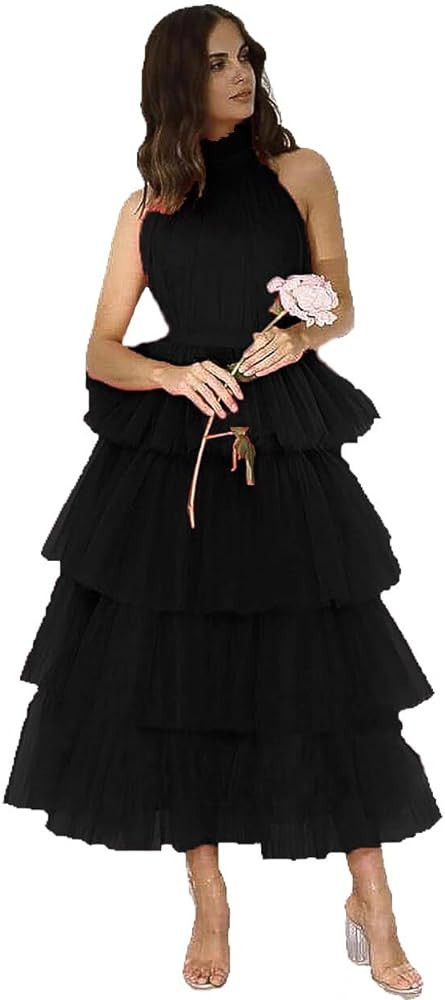 Women‘s Tiered Tulle Prom Dresses Halter Homecoming Dress Evening Party Gowns | Amazon (US)