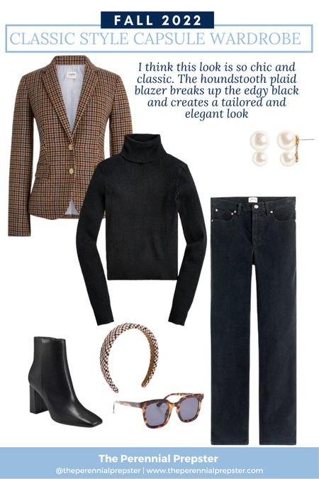 Classic style fall outfit inspo / capsule wardrobe / houndstooth plaid blazer / black jeans / black turtleneck / classic chic / preppy chic / street style 

#LTKstyletip #LTKSeasonal