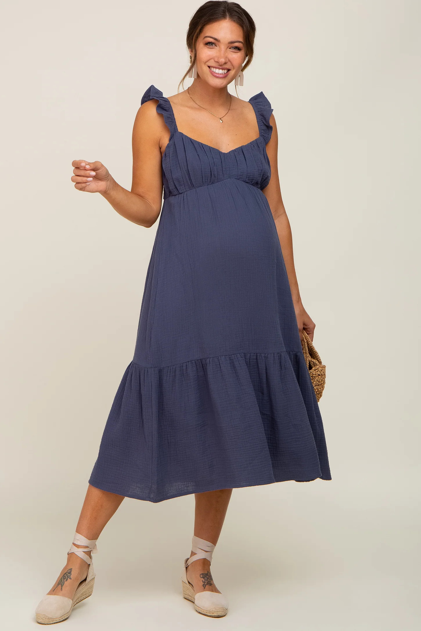 Navy Gauze Ruffle Maternity Midi Dress | PinkBlush Maternity
