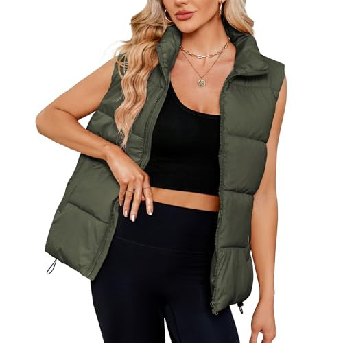 American Trends Oversized Puffy Vest for Women Sleeveless Down Puffer Vest Zipper Coats Puffer Jacket Pocket Outwear Army Green M | Amazon (US)