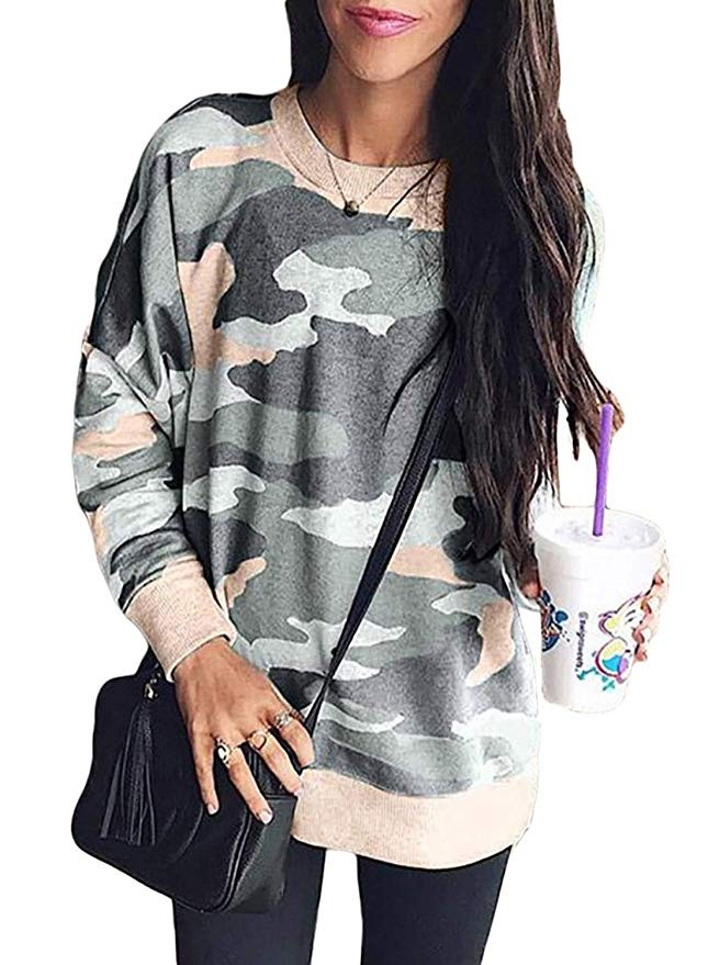 Sidefeel Women Long Sleeve Crewneck Pullover Camo Print Sweatshirt Jumper Top | Amazon (US)