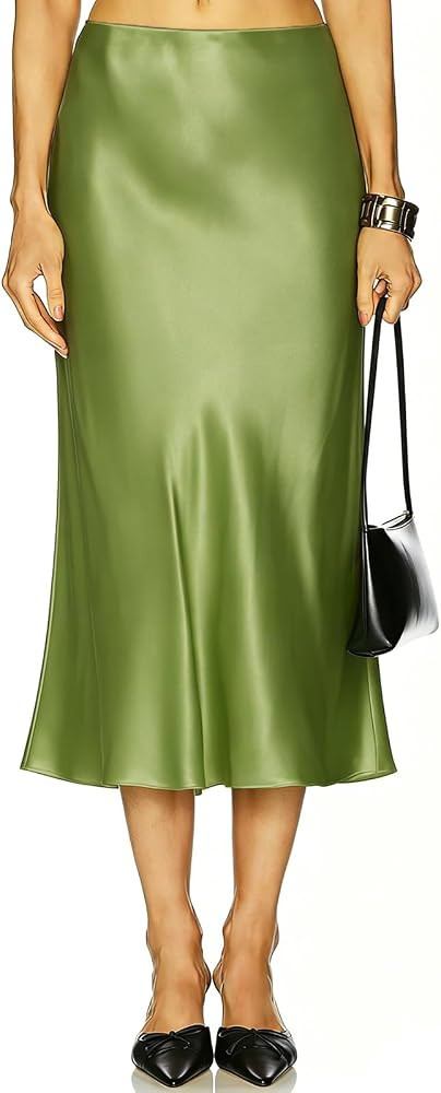 2026 Women's Satin Midi Skirt High Waisted Hidden Elasticized Waistband Flowy A-Line Silk Long Sk... | Amazon (US)
