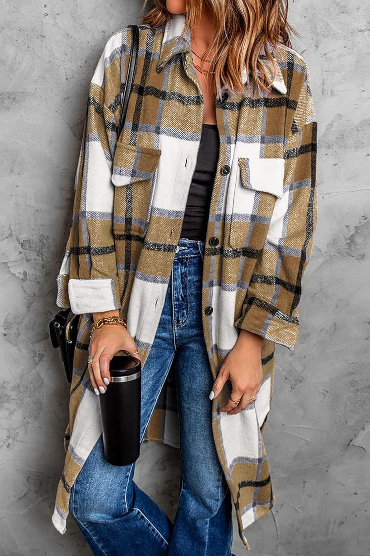 PRETTYGARDEN Women's 2023 Plaid Shacket Jacket Long Sleeve Button Down Shirts Fashion Winter Wool Co | Amazon (US)