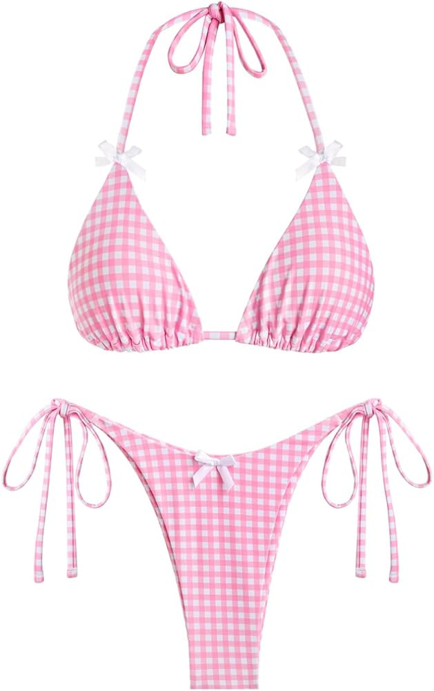 ZAFUL Women's Sexy Halter Bikini Sets Bow Decor Tiny Floral Print Bikini Swimsuits Tie Side Trian... | Amazon (US)