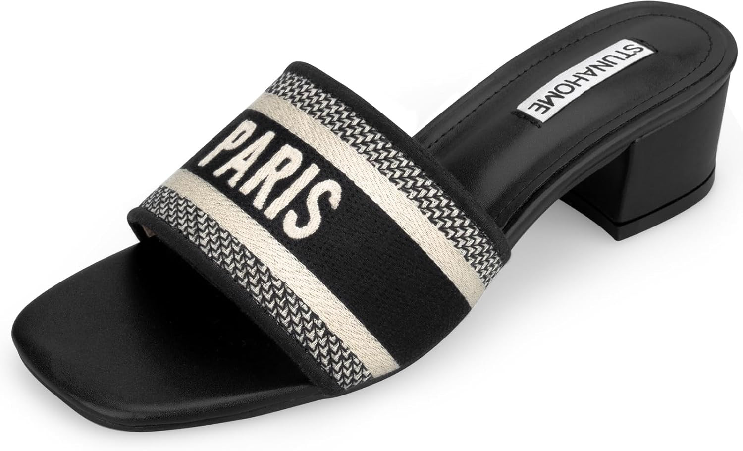 STUNAHOME Women's Heeled Sandals Low Block Chunky Heels Woven Embroidered Square Toe Slip on Heel... | Amazon (US)