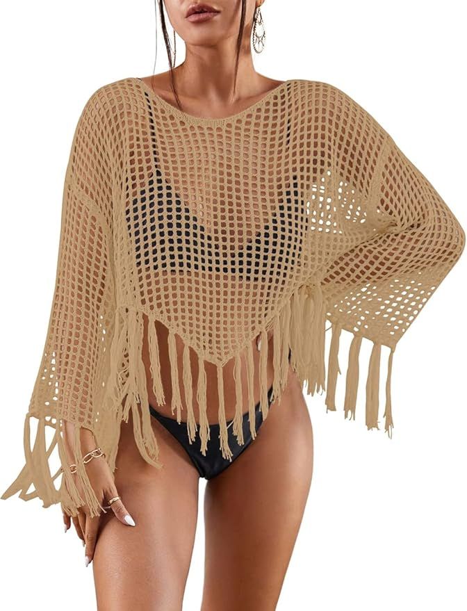 Bsubseach Crochet Cover Up for Swimwear Women Hollow Out Swimsuit Coverup Long Sleeve Beach Top | Amazon (US)