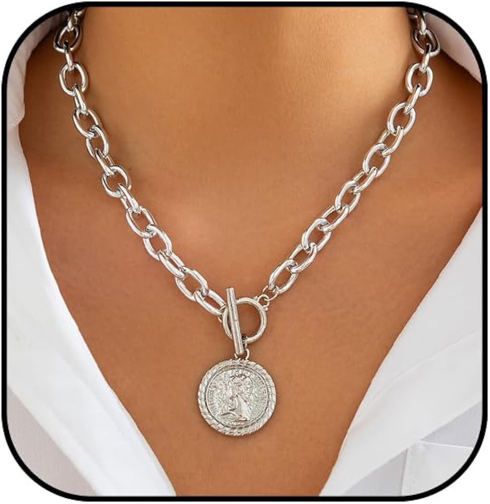 Chunky Gold Heart Necklaces for Women Gold Chunky Cross Necklace Dainty Gold Coin Sun Pendant Nec... | Amazon (US)