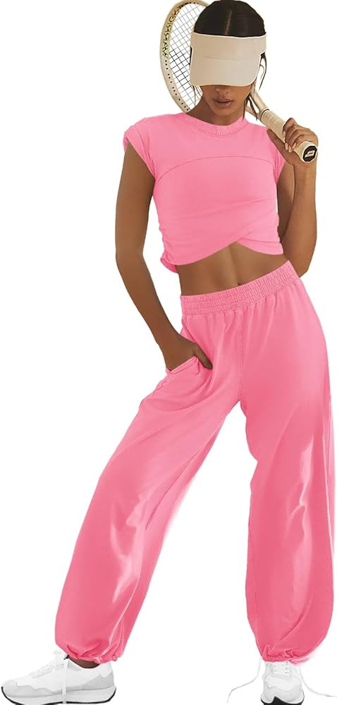 LAMISSCHE Womens Loungewear Set 2 Piece Outfits Sets Cropped Tops and Wide Leg Pants with Pockets... | Amazon (US)