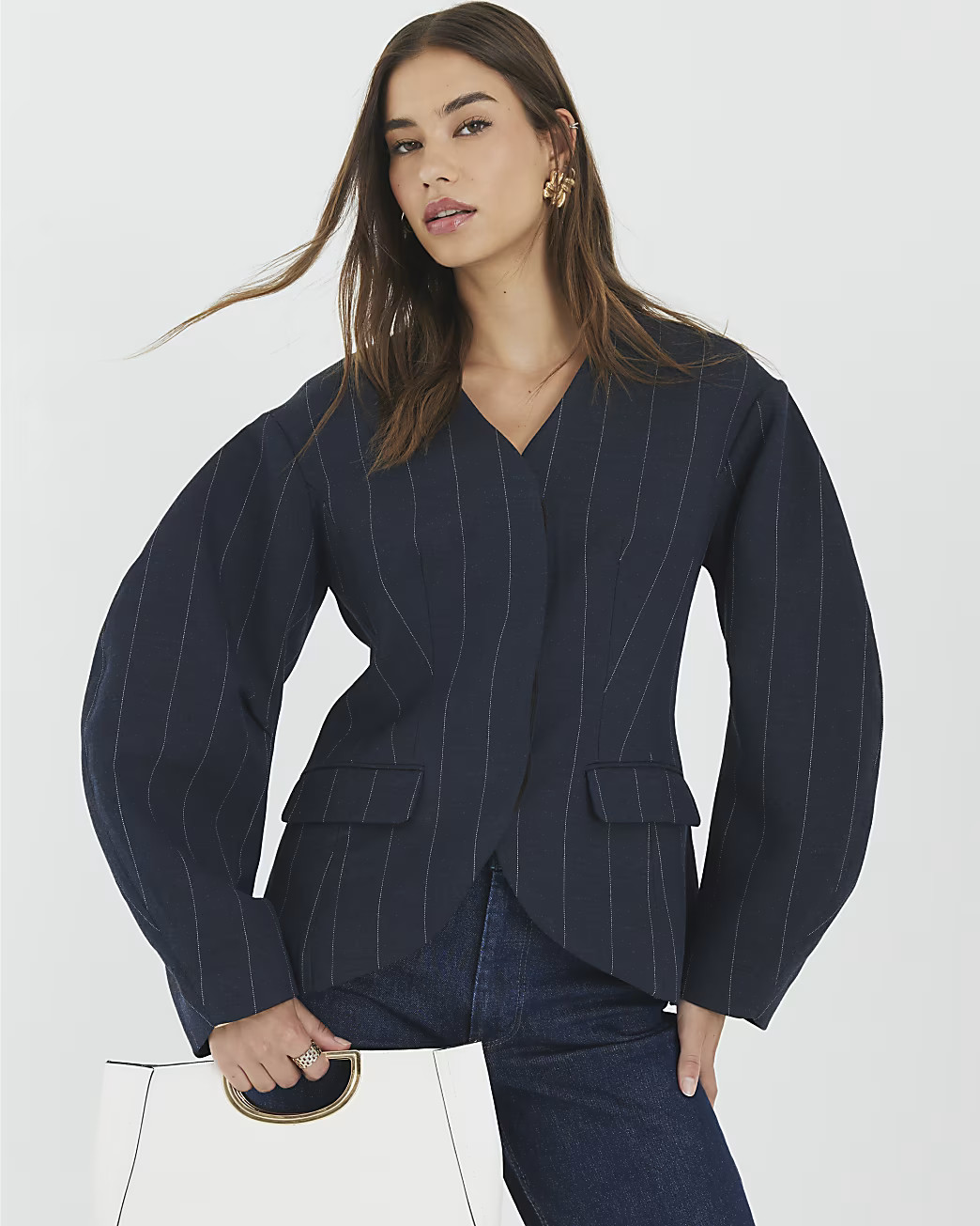 Navy Pinstripe Cocoon Sleeve Blazer | River Island UK & IE